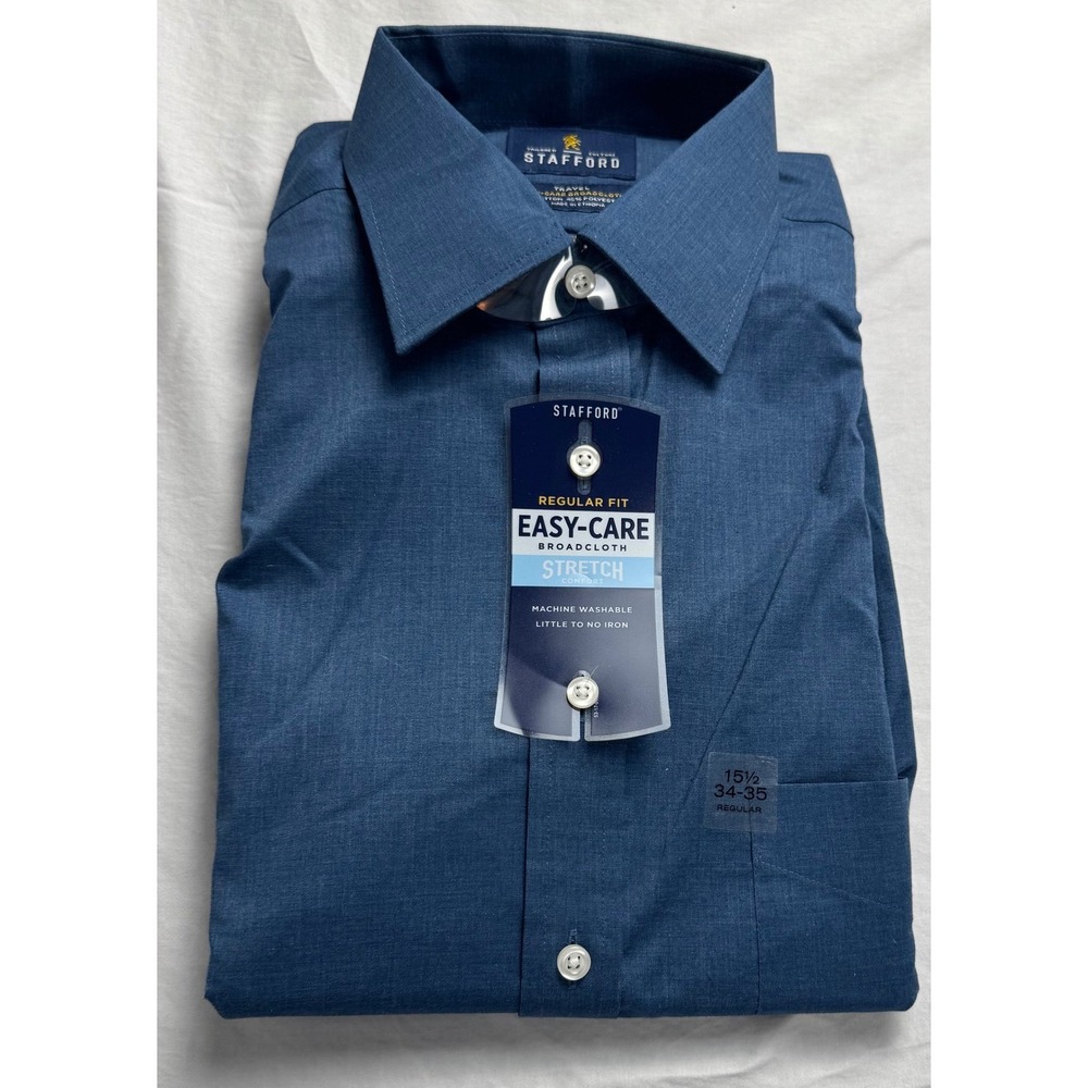 Stafford Mens Easy‎ Care Stretch  Dress Shirt Regular Fit Blue 15.5 34-35